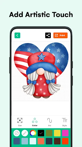 Design editor with artistic customization tools including color palette, shapes, and text editing capabilities