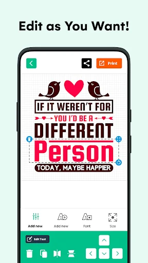 Text editing toolbar with tools for adding text, lines, shapes, and formatting options for personalized designs