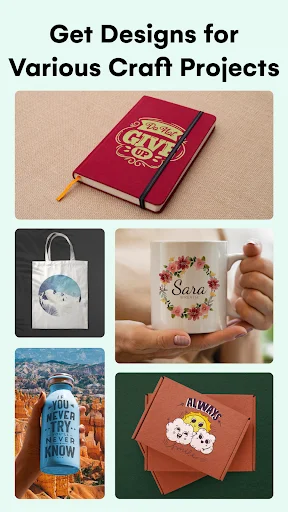 Real-world craft project examples featuring cut machine designs applied to personalized notebooks, bags, and mugs