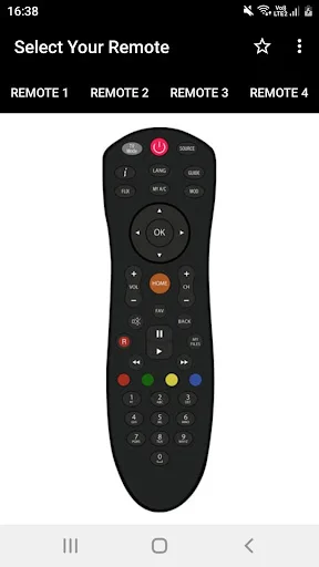 Dish TV Remote Controller app showing black curved remote with power, OK, navigation, and number pad buttons