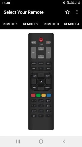 Select Your Remote option 5: Black remote with red power button, numeric keypad, and multicolor function button layout