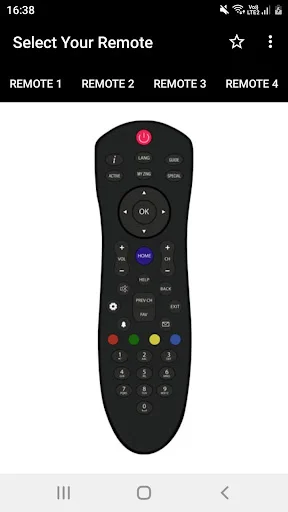 Dish TV Remote app interface displaying black remote control with HOME button and directional navigation pad