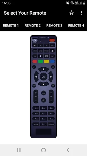 Dish TV Remote Controller showing navy blue rectangular TV remote with colorful buttons and number keypad