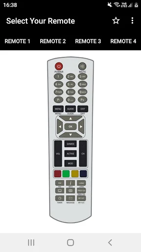 Dish TV Remote app featuring white and gray traditional remote control with navigation and numeric buttons