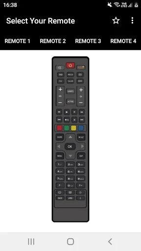 Dish TV Remote app showing elongated black remote control with extensive button layout and number pad