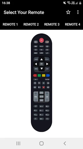 Dish TV Remote Controller interface with black curved remote featuring navigation, colored, and numeric buttons