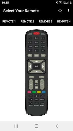 Dish TV Remote app displaying black remote with OK button, directional pad, and function controls