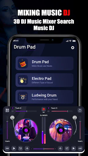DJ Music Mixer app interface with drum pads, dual turntables, and music mixing controls on mobile