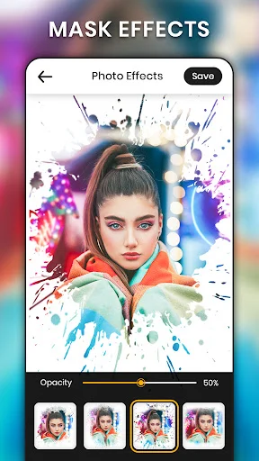 DP Photo Editor mask effects screen showing portrait with colorful splash overlay and opacity adjustment slider