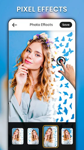 Pixel effects interface with blue butterfly dispersion on portrait photo and multiple effect variations to choose from