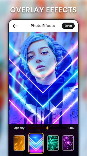 Overlay effects editor displaying neon geometric patterns on photo with opacity control and pattern thumbnails