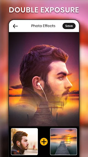 Double exposure photo blend feature combining portrait with sunset landscape using two source images