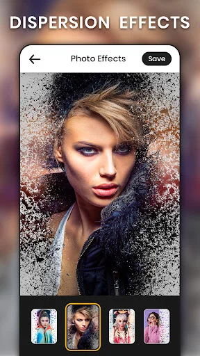 Dispersion effects screen showing particle scatter effect on portrait with multiple style variations available