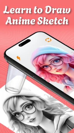 Learn to Draw Anime Sketch app showing colored and grayscale anime character tutorials on smartphone screen