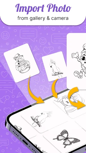 Import Photo feature showing anime sketches being imported from gallery and camera to smartphone