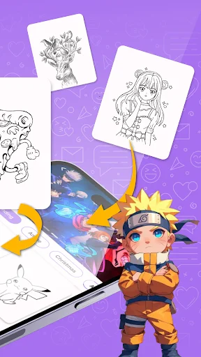 AR Drawing feature with anime character and sketch templates displayed on smartphone and paper