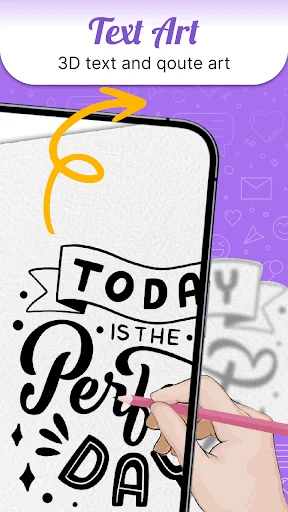 Text Art feature creating 3D decorative text and quote designs with stylus drawing on smartphone