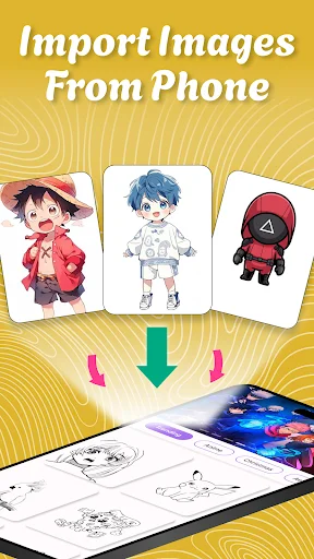 Import Images From Phone feature displaying anime character selection with arrow pointing to sketch templates