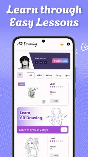Learn through Easy Lessons showing anime sketches, video tutorials, and skill progression