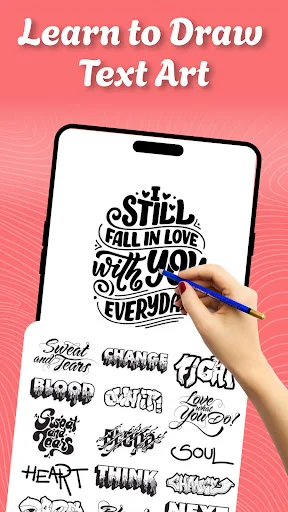 Learn to Draw Text Art showing decorative quote text design with mobile stylus on screen