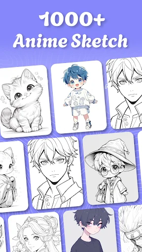 1000+ Anime Sketch template collection showing grid of diverse anime and manga character drawings