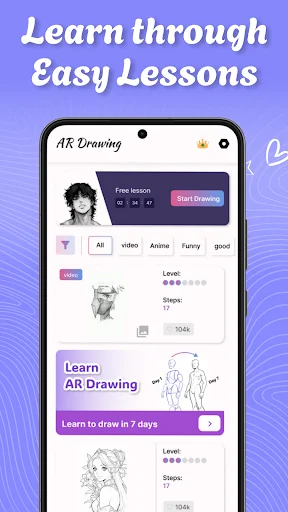 Learn Through Easy Lessons interface displaying anime drawing tutorials with difficulty levels and lesson guides
