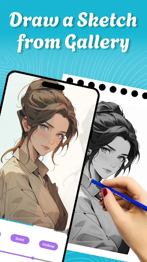 Draw a Sketch from Gallery feature showing colored anime character and sketch version on phone with stylus