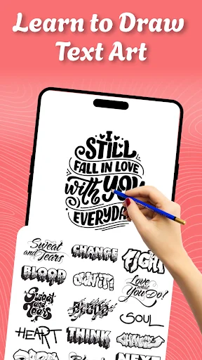 Learn to Draw Text Art feature displaying decorative 3D text art being drawn with stylus on smartphone