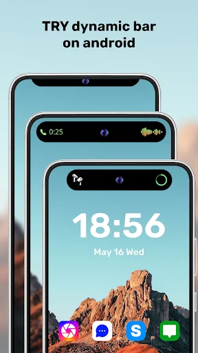 Android lockscreen with Dynamic Bar showing time, audio waveform, and quick access to music controls