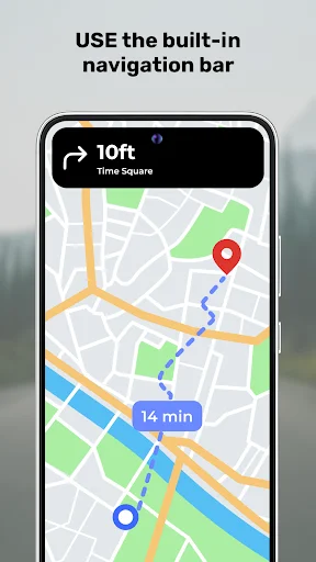 Navigation directions to Time Square displayed in Dynamic Bar with 14-minute route and map view