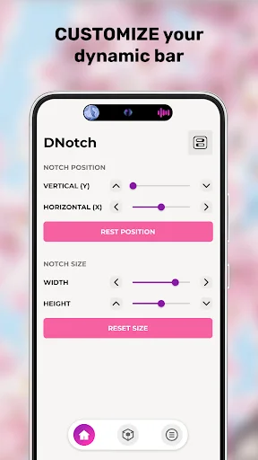 Dynamic Bar customization settings screen with position and size adjustment sliders for Android