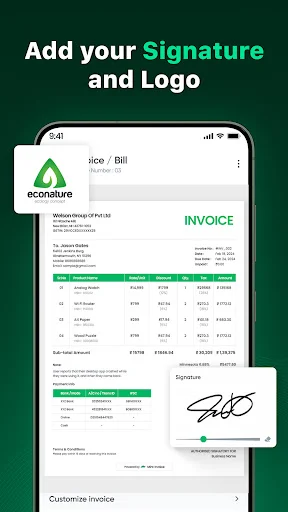 Invoice customization screen featuring business logo upload, signature area, detailed line items, and professional document layout