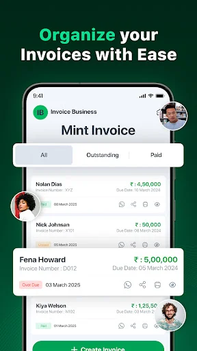 Client invoice tracker displaying all, outstanding, and paid invoice filters with customer names, amounts, and due dates