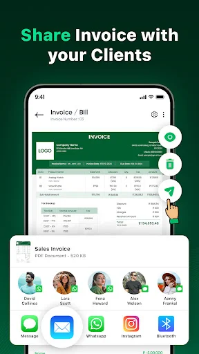 Invoice distribution interface with PDF export option and multiple sharing methods to reach clients via messaging apps