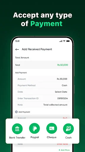Add received payment interface with total amount, cash payment details, payment method selection, and transaction documentation