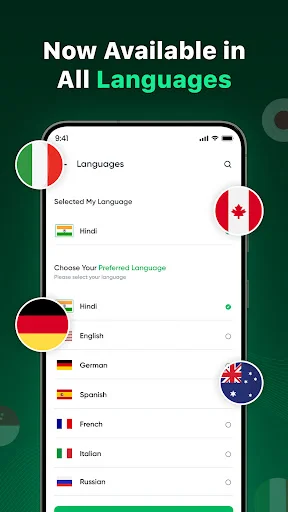 App language preferences interface with current language selection and expandable list of supported languages for international users