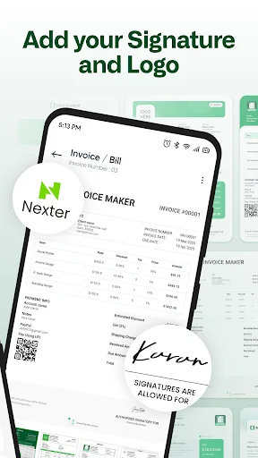 Invoice customization screen showing signature and logo upload features for branded professional invoices