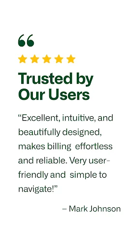 User testimonial screen displaying five-star review praising Invoice Maker's intuitive design and features