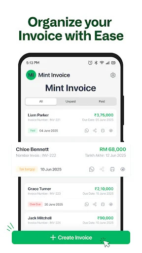 Mint Invoice dashboard displaying organized customer invoices filtered by status with amounts and due dates