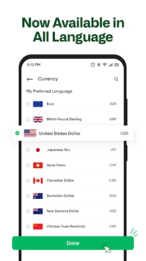 Language and currency selection menu supporting multiple international currencies including USD, EUR, JPY, CAD