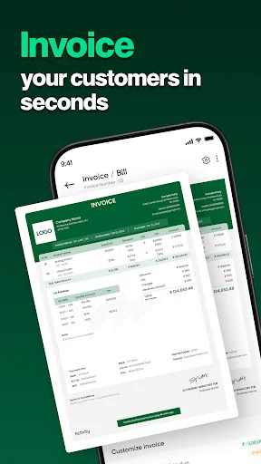 Phone interface showing quick invoice creation with green-themed template and interactive invoice editing options