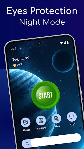 Night Eyes blue light filter app start screen with green START button on phone home screen