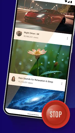 Night Eyes app running with red STOP button showing filtered video and media content on mobile screen