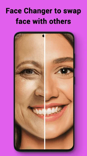 Face Swapper app showing face morphing feature with split-screen before and after face transformation effect