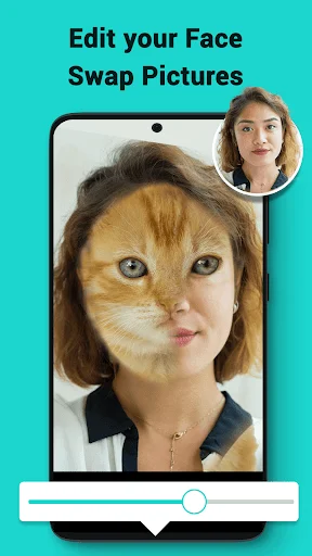 Face Swap app editor with cat face filter applied to photo and adjustment slider for morphing intensity