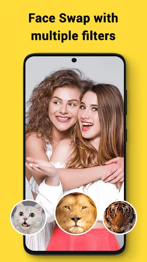 Face Swap app with multiple filters showing two friends photo with animal face morphing filter options below