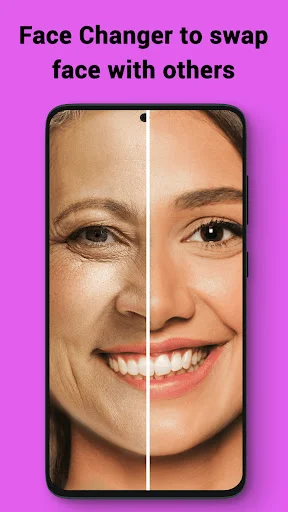 Face Changer app demonstrating age morphing and face transformation with split comparison view on smartphone