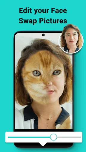 Edit face swap pictures feature with cat-human morph effect and slider control for blend adjustment
