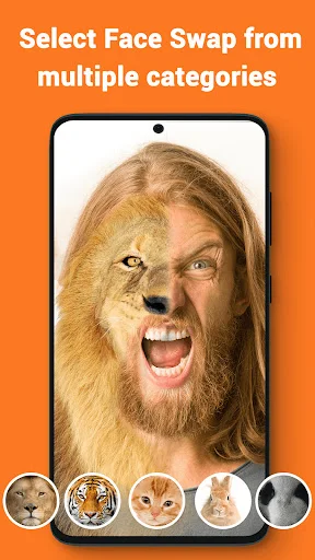 Select animal face swap filters from categories including cat, tiger, rabbit and other morphing options