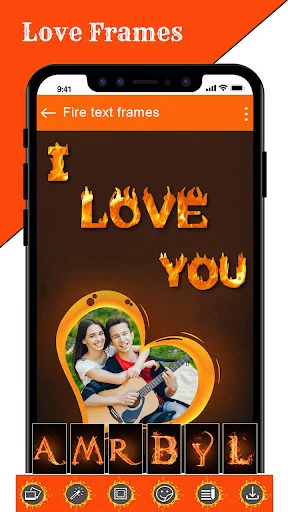 Fire Text Photo Frames love frames editor with family photo in heart frame and LOVE YOU flaming text alphabet
